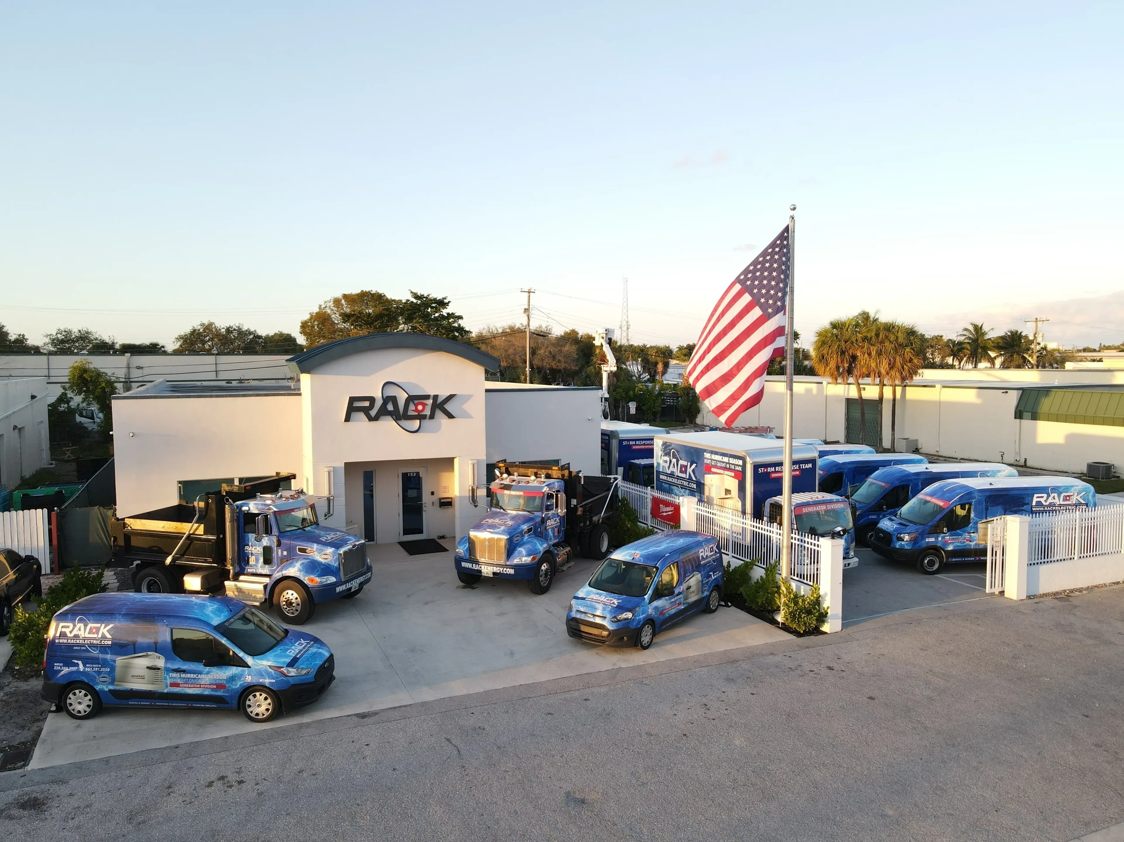 Aerial view of Rack Air headquarters in DeLand, FL at golden hour